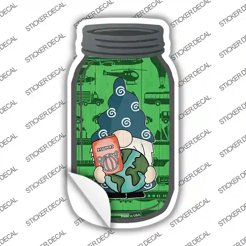 MJ-800s-L Gnome with Passport & Globe Novelty Mason Jar Sticker Decal, Large