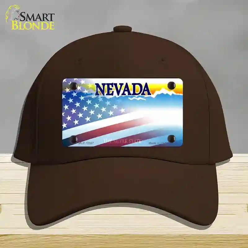 HAT24-MLP-12357 Nevada with American Flag Novelty License Plate Hat, Cotton - Dark Brown