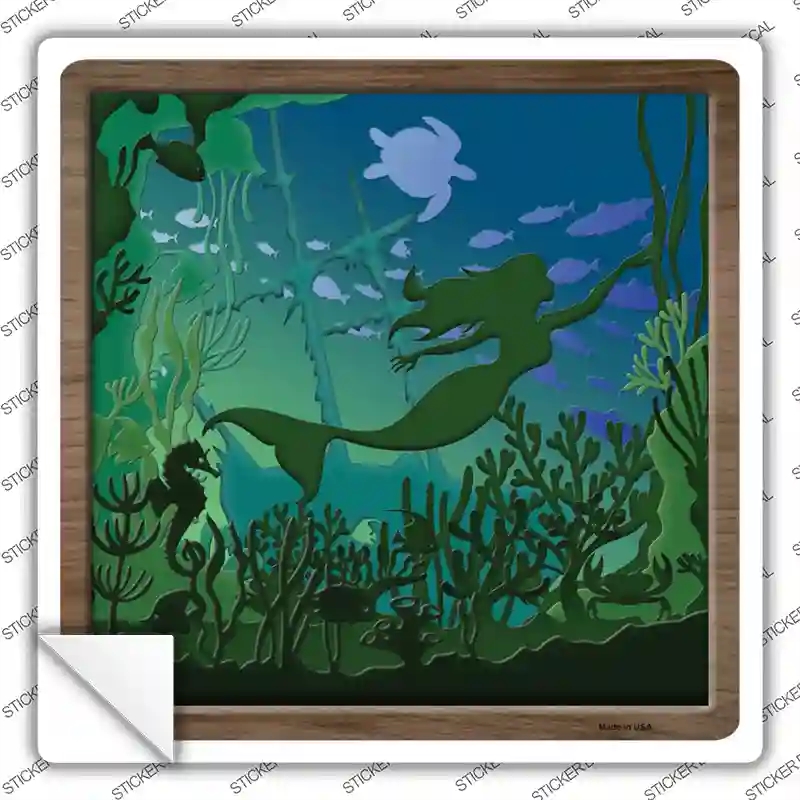SQ-1347s-XL Mermaid Shadow Box Novelty Square Sticker Decal, Extra Large