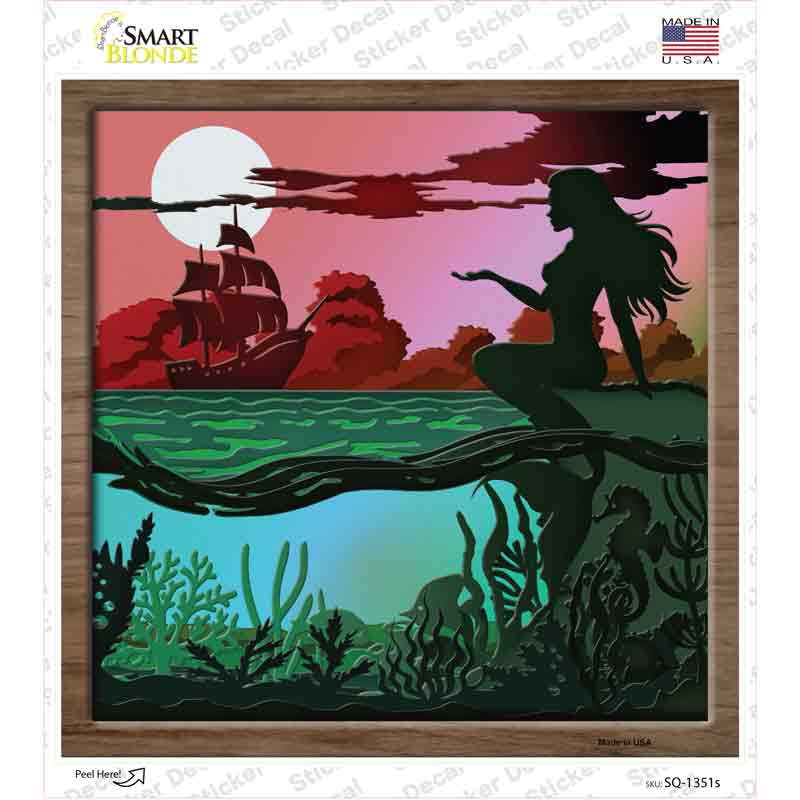 SQ-1351s-M Mermaid & Ship Shadow Box Novelty Square Sticker Decal, Medium