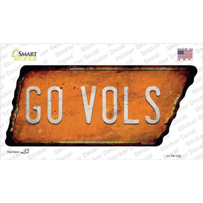 TN-122s-M Go Vols Novelty Rusty Tennessee Shape Sticker Decal, Medium