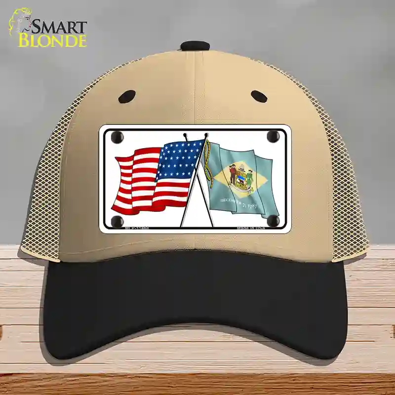 HAT02-MLP-11468 Delaware Crossed US Flag Novelty License Plate Hat, Mesh - Khaki & Black