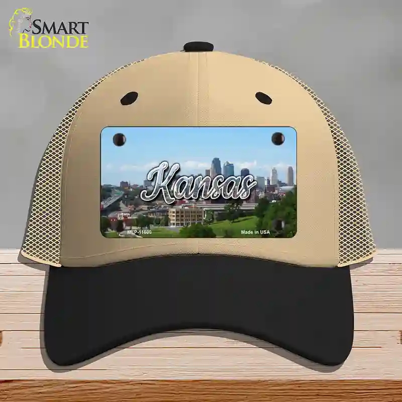 HAT02-MLP-11600 Kansas Downtown Skyline State Novelty License Plate Hat, Mesh - Khaki & Black