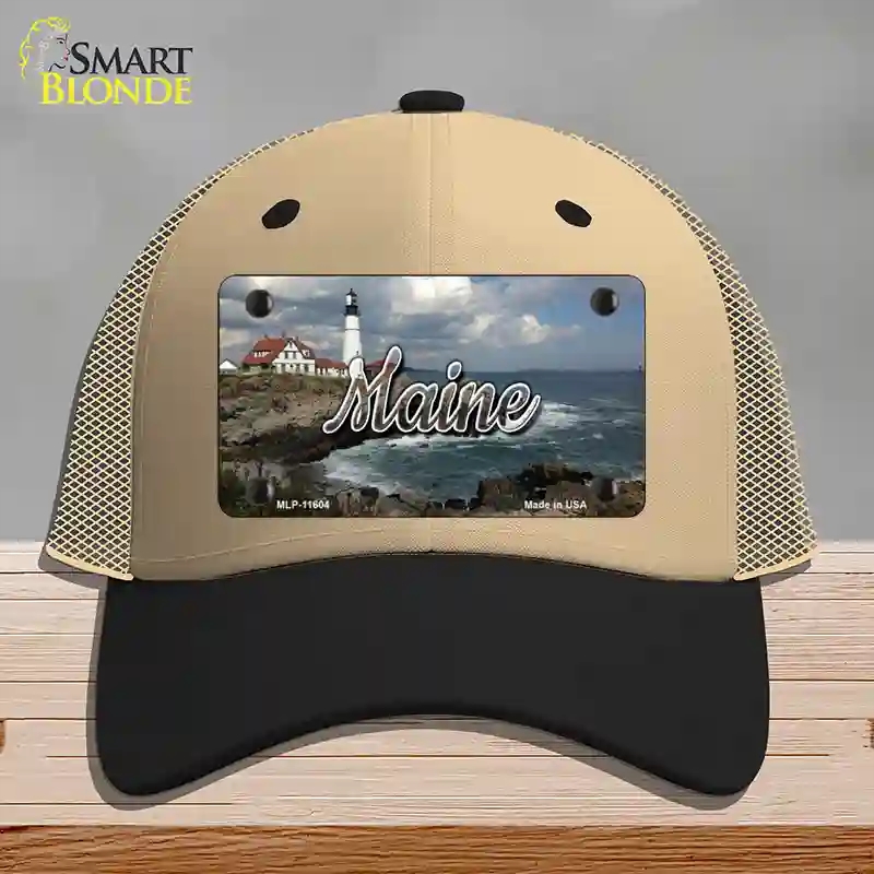 HAT02-MLP-11604 Maine Lighthouse Beach State Novelty License Plate Hat, Mesh - Khaki & Black