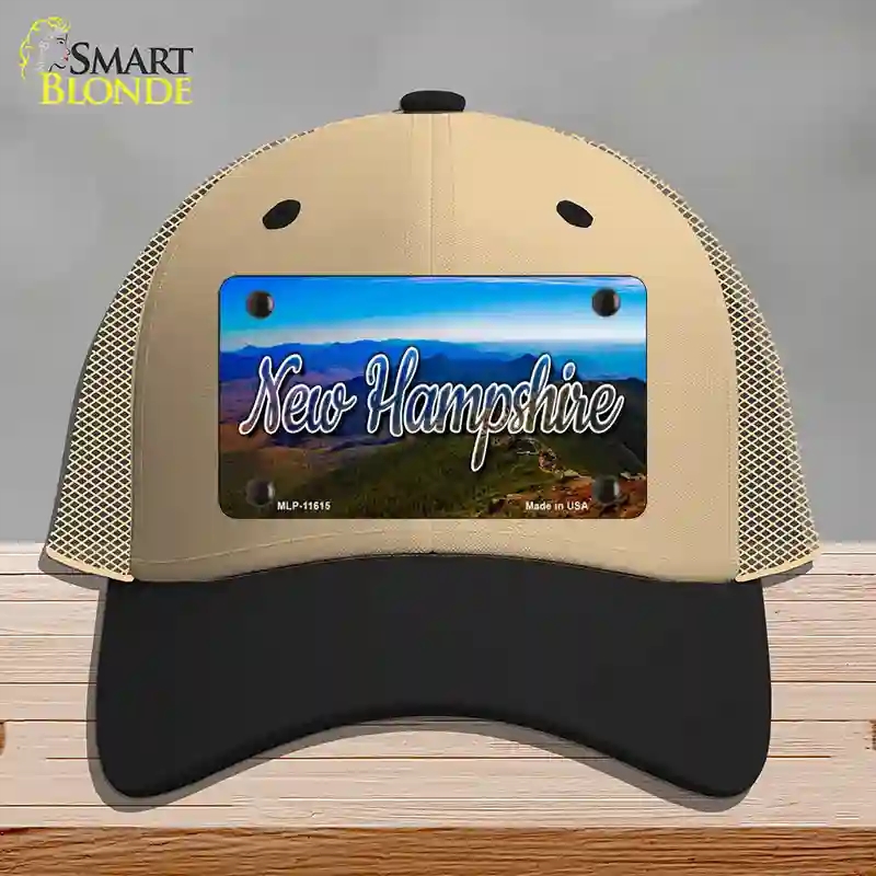 HAT02-MLP-11615   Hampshire Mountain Range State Novelty License Plate Hat, Mesh - Khaki & Black