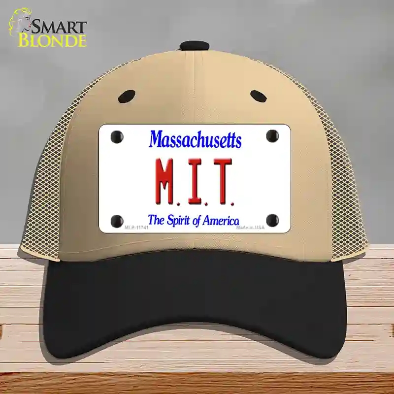 HAT02-MLP-11741 MIT Massachusetts State Novelty License Plate Hat, Mesh - Khaki & Black