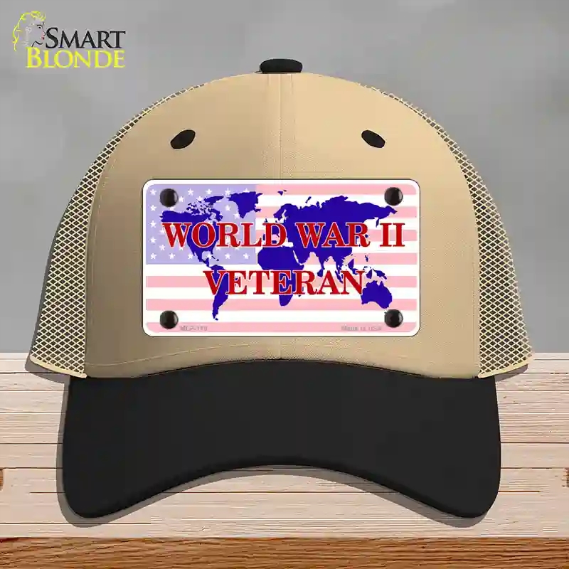 HAT02-MLP-119 WW II Veteran Novelty License Plate Hat, Mesh - Khaki & Black