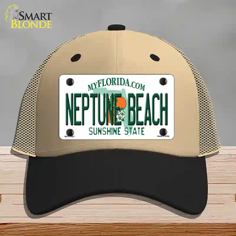 HAT02-MLP-11927 Florida Neptune Beach Novelty License Plate Hat, Mesh - Khaki & Black
