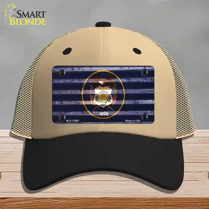 HAT02-MLP-11985 Utah Corrugated Flag Novelty License Plate Hat, Mesh - Khaki & Black