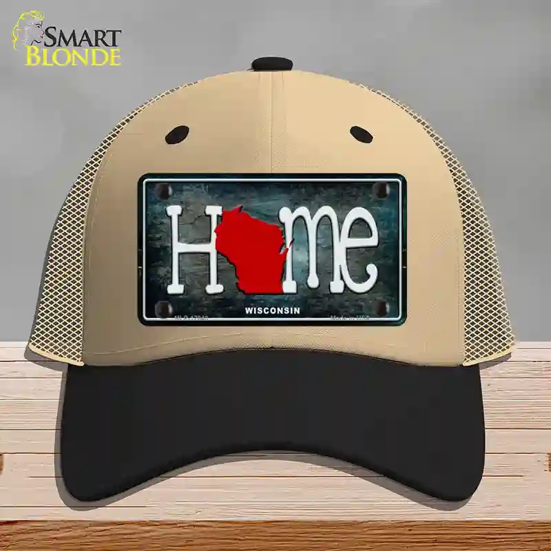 HAT02-MLP-12040 Wisconsin Home State Outline Novelty License Plate Hat, Mesh - Khaki & Black