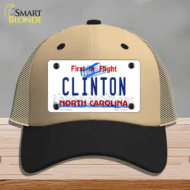 HAT02-MLP-12302 North Carolina Clinton Novelty License Plate Hat, Mesh - Khaki & Black