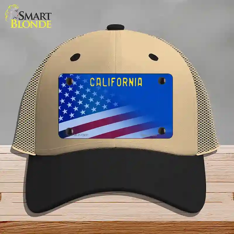 HAT02-MLP-12437 California with Blue Novelty License Plate Hat, Mesh - Khaki & Black