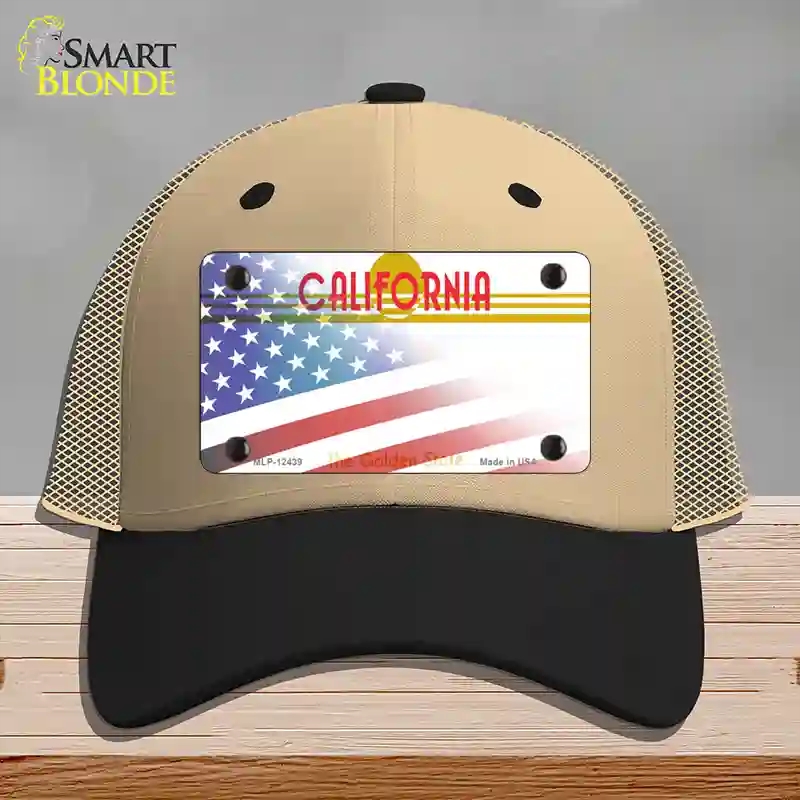 HAT02-MLP-12439 California Golden with American Flag Novelty License Plate Hat, Mesh - Khaki & Black
