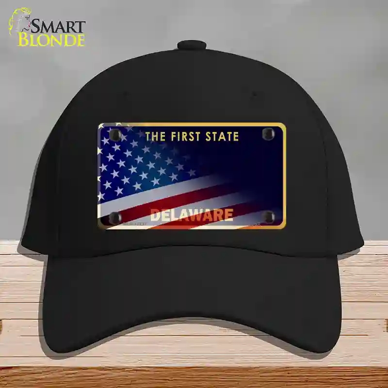 HAT03-MLP-12337 Delaware with American Flag Novelty License Plate Hat, Cotton - Black