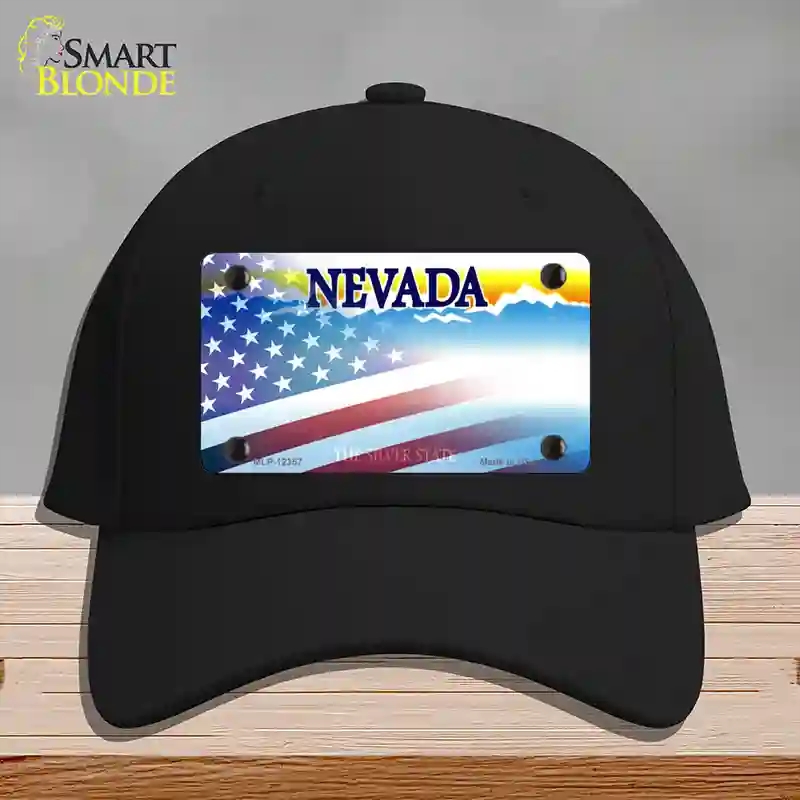 HAT03-MLP-12357 Nevada with American Flag Novelty License Plate Hat, Cotton - Black