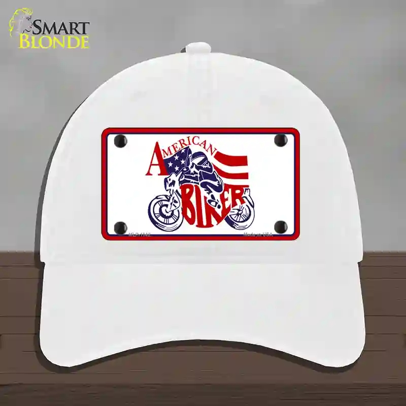 HAT14-MLP-1142 American Patriotic Biker Novelty License Plate Hat, Unconstructed Cotton - White
