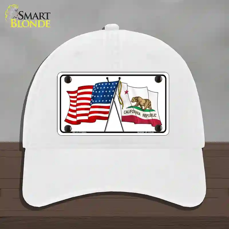 HAT14-MLP-11465 California Crossed US Flag Novelty License Plate Hat, Unconstructed Cotton - White