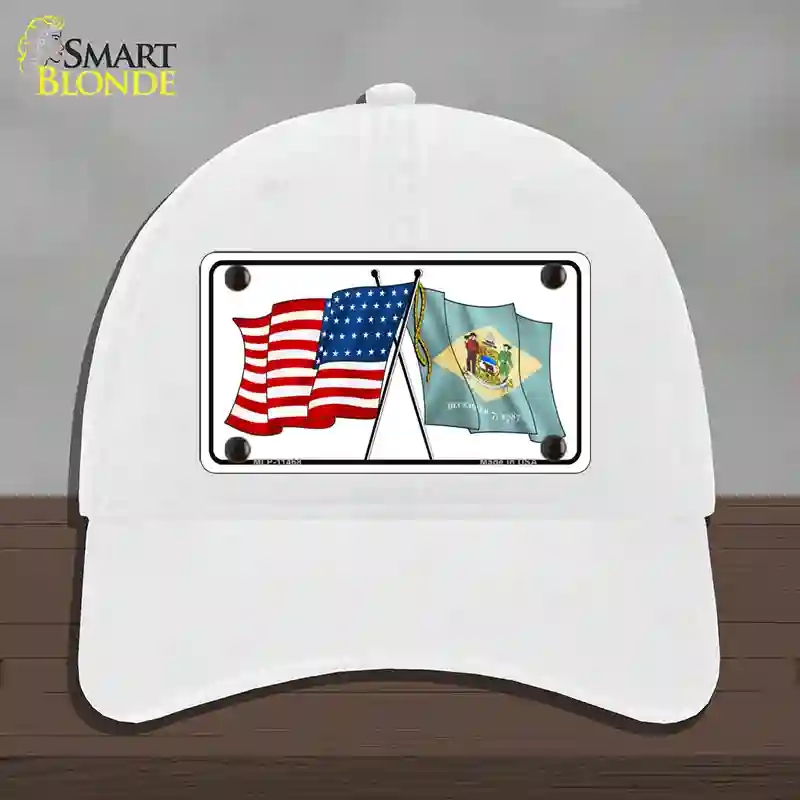 HAT14-MLP-11468 Delaware Crossed US Flag Novelty License Plate Hat, Unconstructed Cotton - White