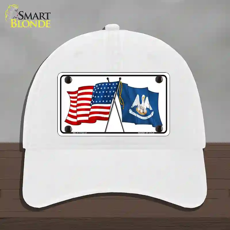 HAT14-MLP-11478 Louisiana Crossed US Flag Novelty License Plate Hat, Unconstructed Cotton - White