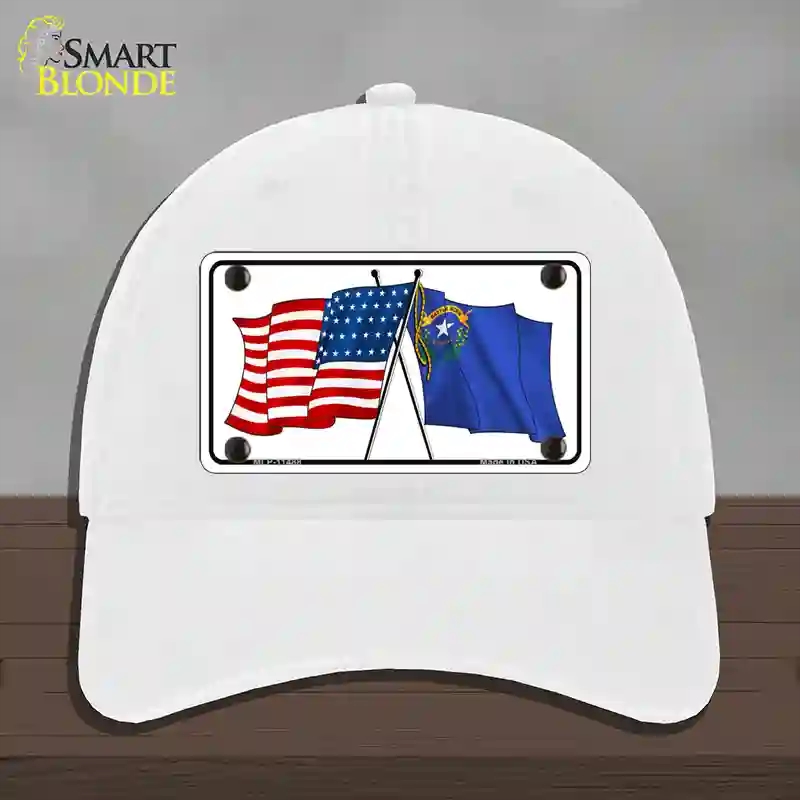 HAT14-MLP-11488 Nevada Crossed US Flag Novelty License Plate Hat, Unconstructed Cotton - White