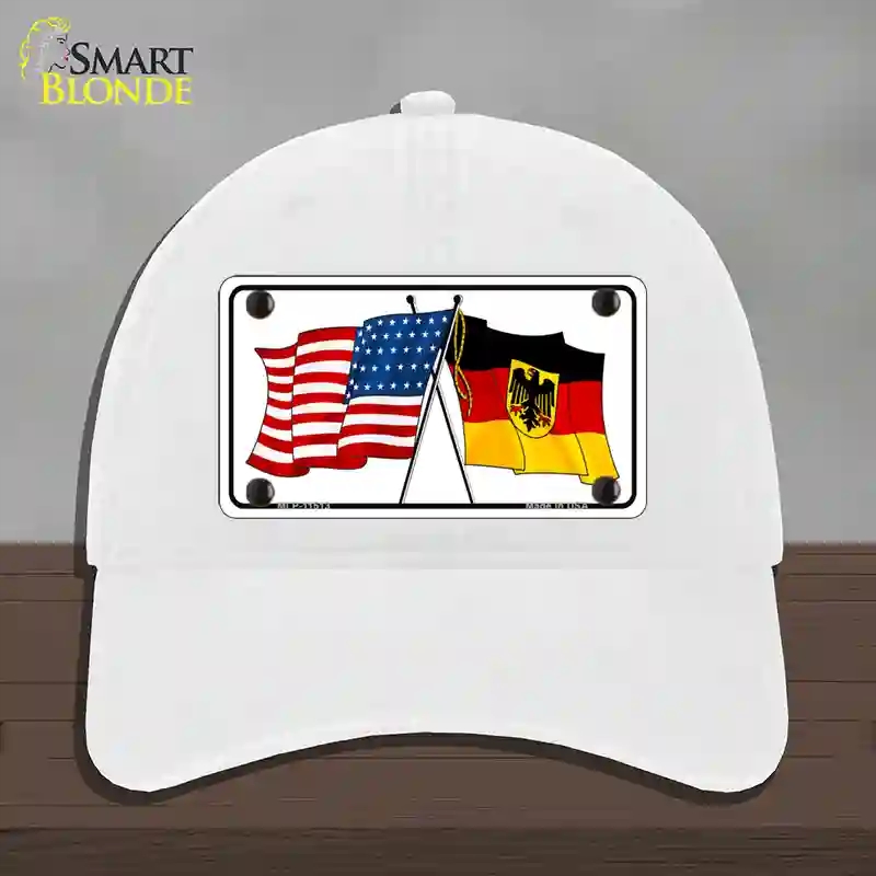 HAT14-MLP-11513 Germany Crossed US Flag Novelty License Plate Hat, Unconstructed Cotton - White