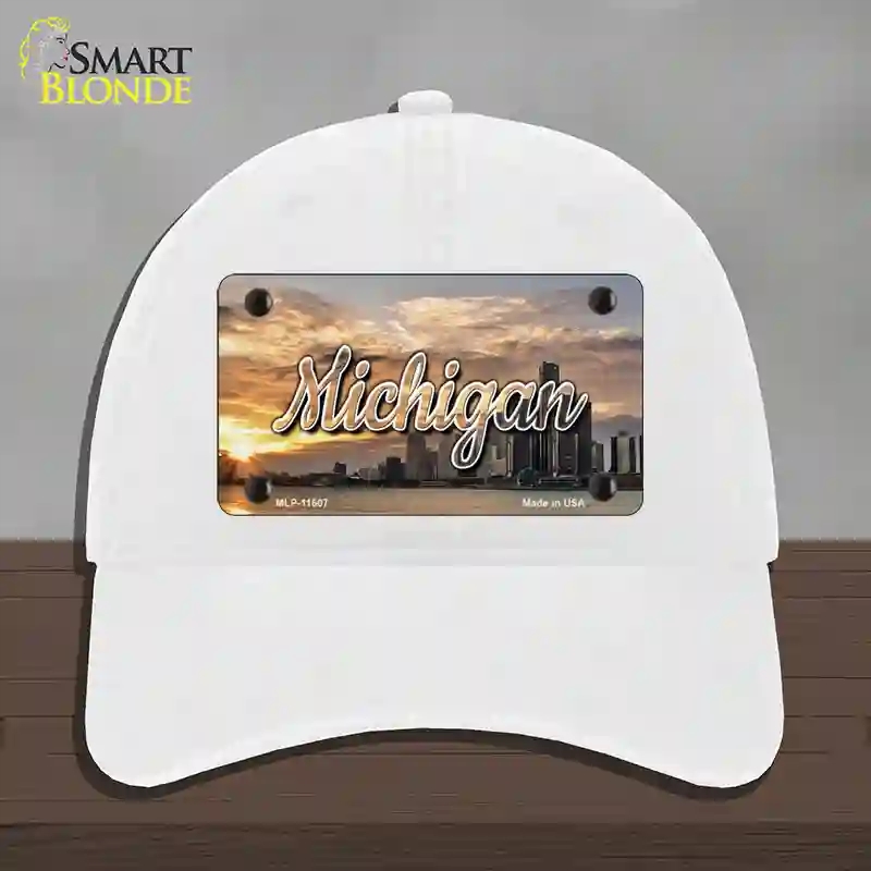 HAT14-MLP-11607 Michigan City Sunset State Novelty License Plate Hat, Unconstructed Cotton - White