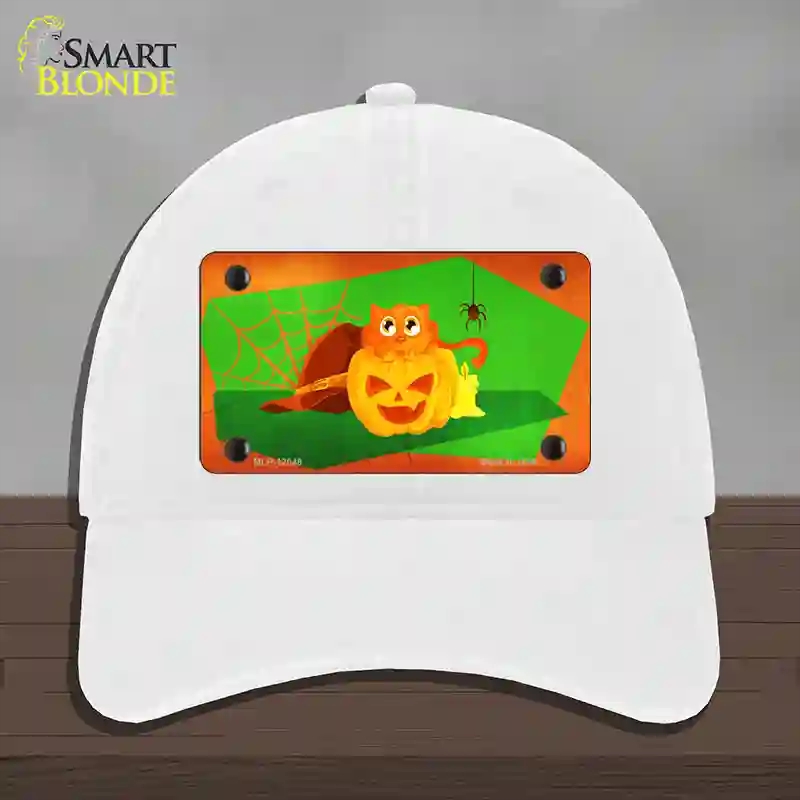 HAT14-MLP-12048 Pumpkin Kitty Novelty License Plate Hat, Unconstructed Cotton - White