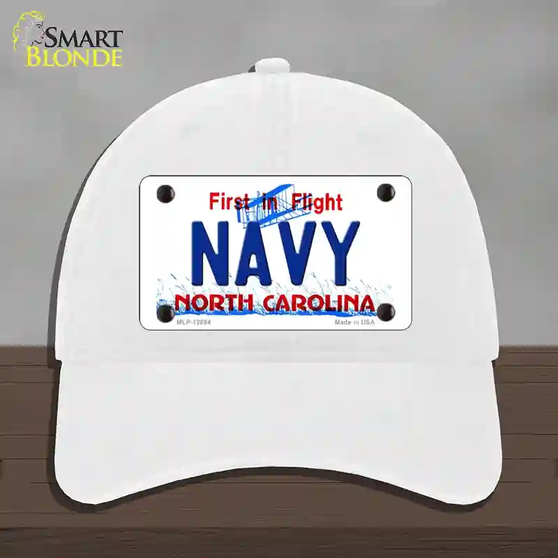 HAT14-MLP-12094 Navy North Carolina State Novelty License Plate Hat, Unconstructed Cotton - White