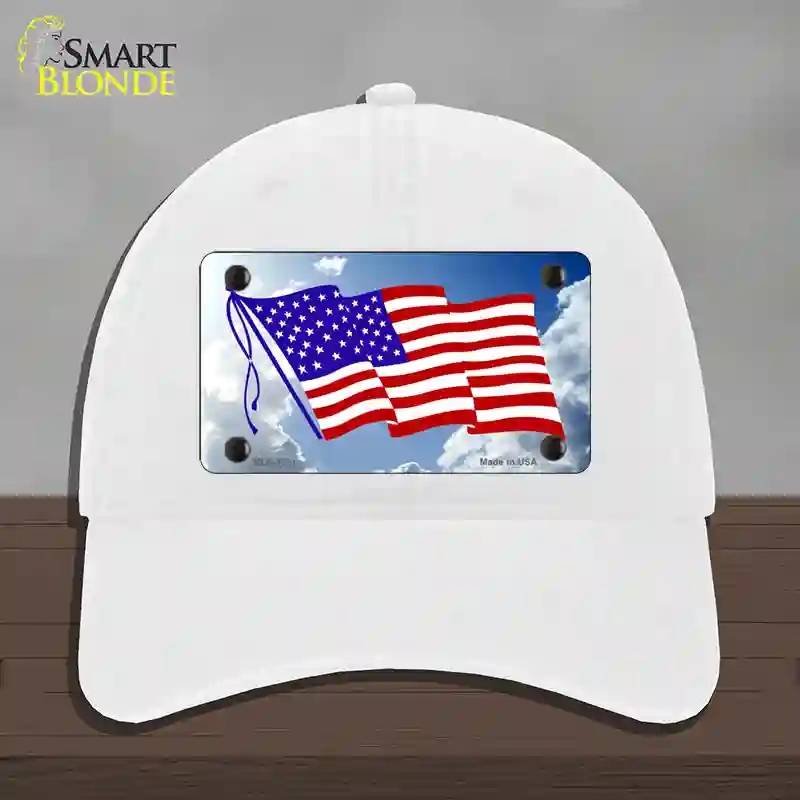 HAT14-MLP-1211 American Flag Cloud Novelty License Plate Hat, Unconstructed Cotton - White