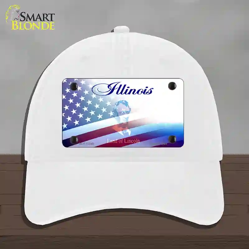HAT14-MLP-12342 Illinois with American Flag Novelty License Plate Hat, Unconstructed Cotton - White