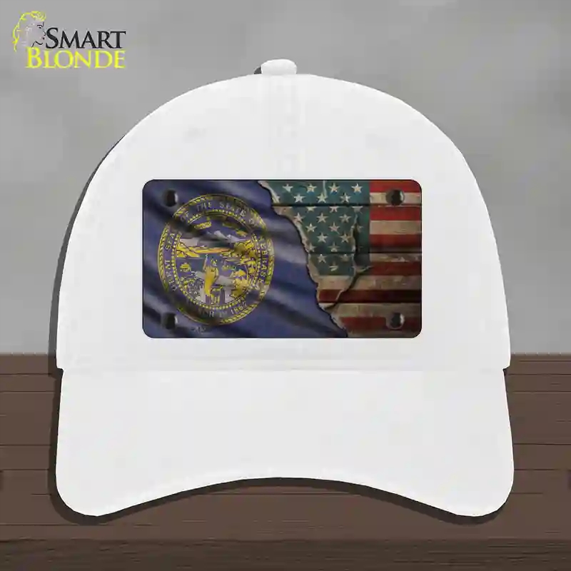 HAT14-MLP-12406 Nebraska & American Flag Novelty License Plate Hat, Unconstructed Cotton - White