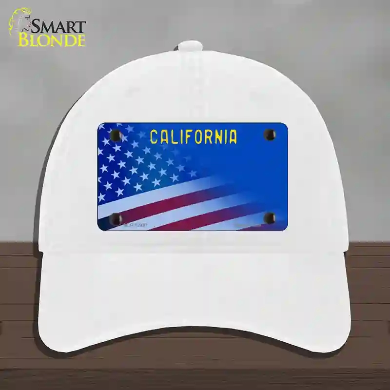 HAT14-MLP-12437 California with Blue Novelty License Plate Hat, Unconstructed Cotton - White