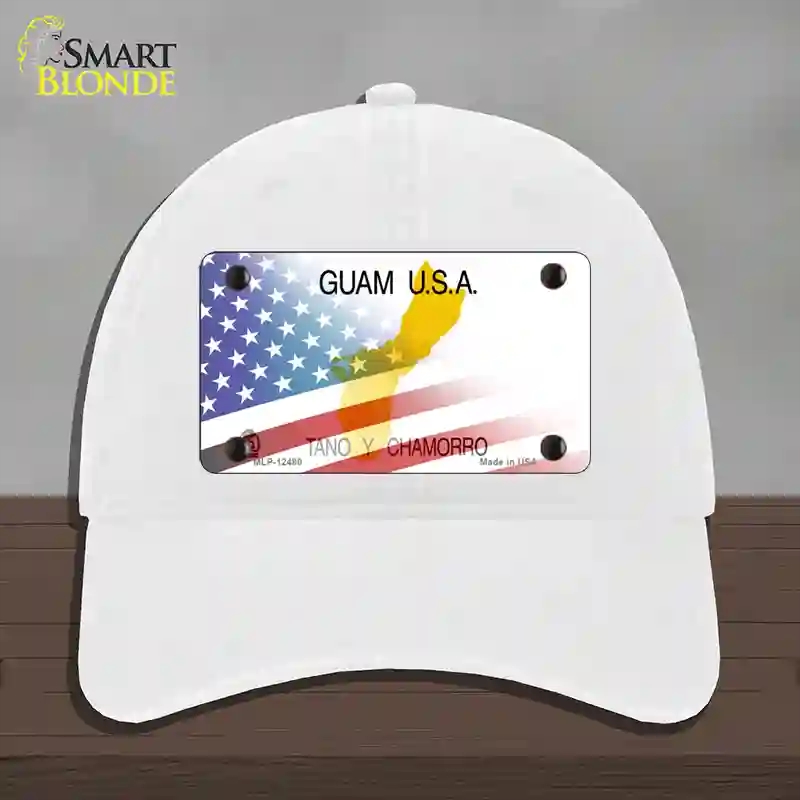 HAT14-MLP-12480 Guam with American Flag Novelty License Plate Hat, Unconstructed Cotton - White