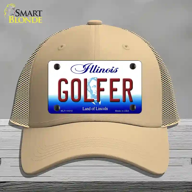 HAT15-MLP-10314 Golfer Illinois Novelty License Plate Hat, Mesh - Khaki