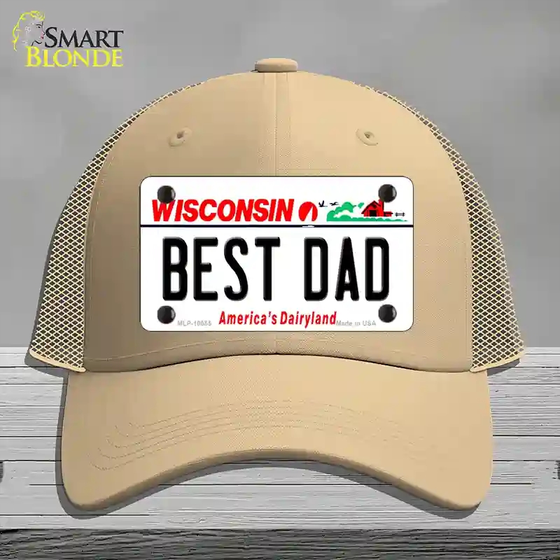 HAT15-MLP-10655 Best Dad Wisconsin Novelty License Plate Hat, Mesh - Khaki