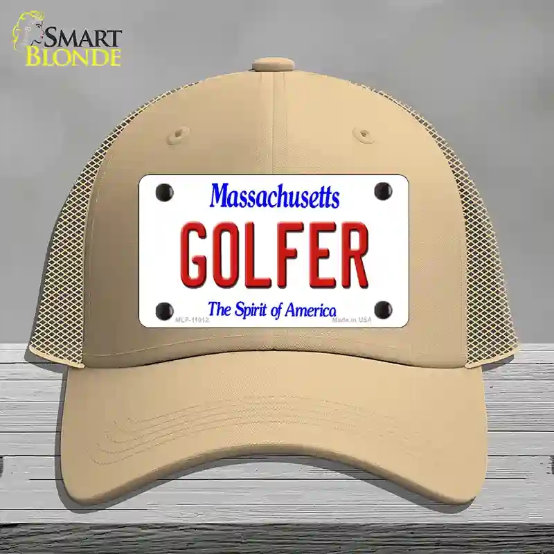 HAT15-MLP-11012 Golfer Massachusetts Novelty License Plate Hat, Mesh - Khaki