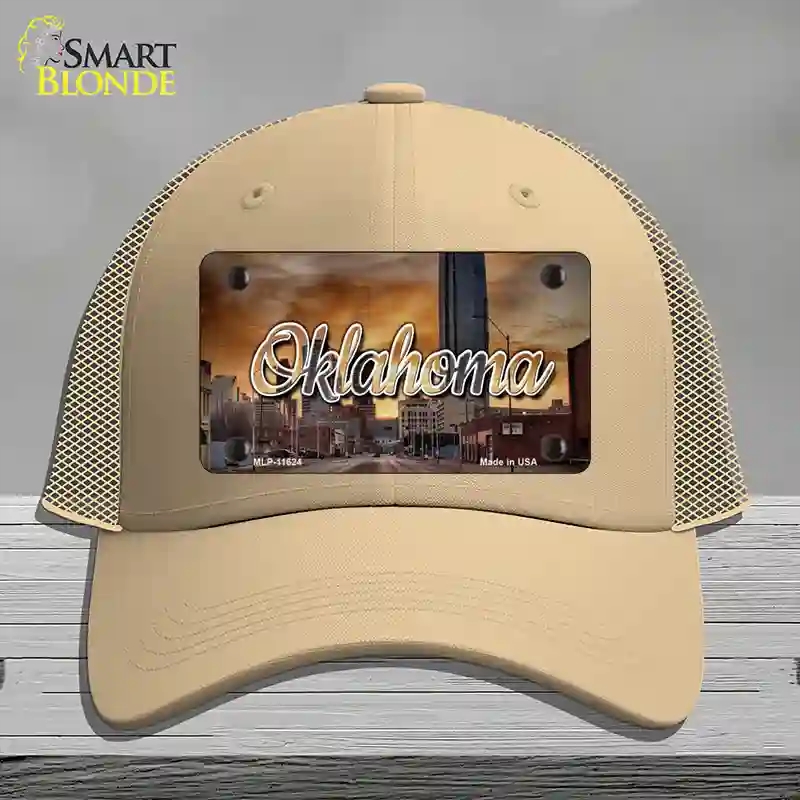 HAT15-MLP-11624 Oklahoma Sunset Skyline State Novelty License Plate Hat, Mesh - Khaki