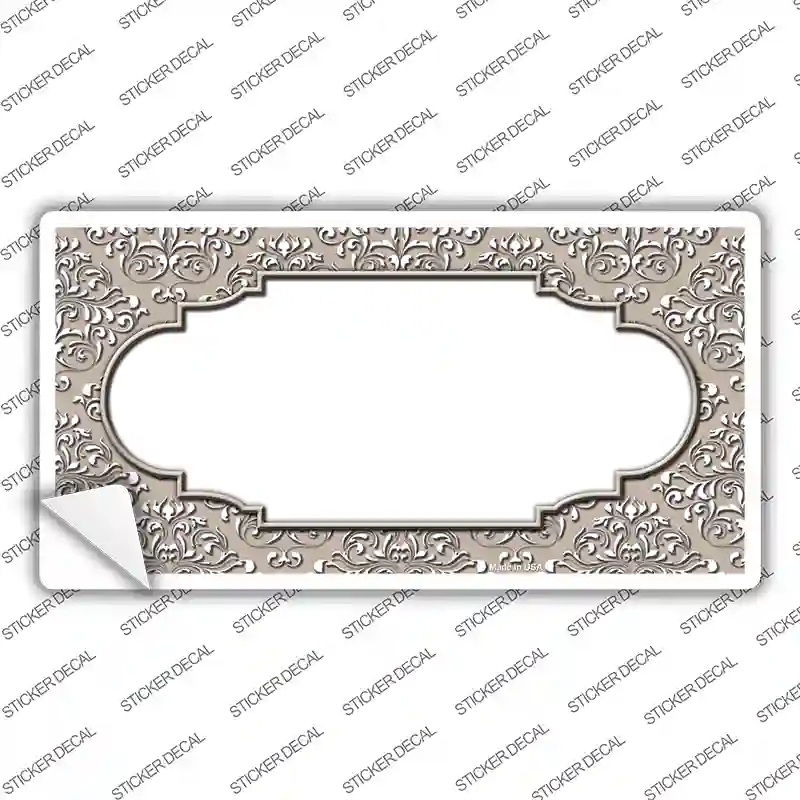 LP-4659s-S Tan White Damask Center Scalloped Novelty Sticker Decal, Small