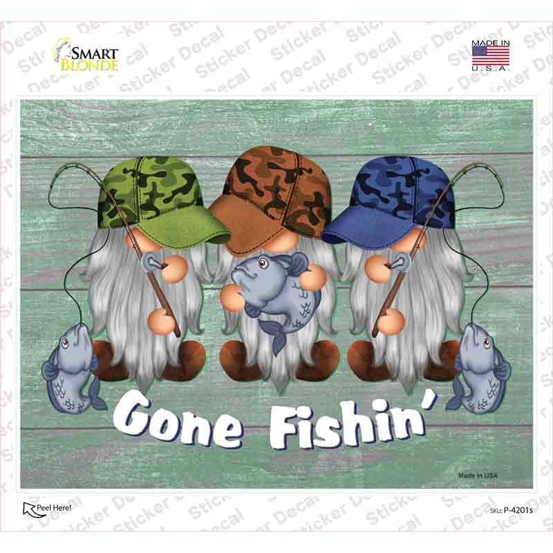 P-4201s-M Gone Fishing Three Camo Gnomes Novelty Rectangle Sticker Decal, Medium