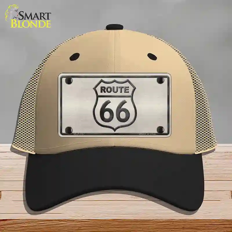 HAT02-MLP-097 Route 66 Shield White Novelty License Plate Hat, Mesh - Khaki & Black