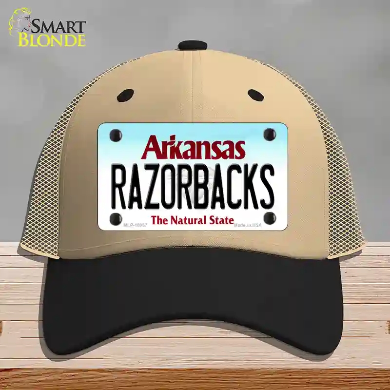 HAT02-MLP-10037 Razorbacks Arkansas Novelty License Plate Hat, Mesh - Khaki & Black