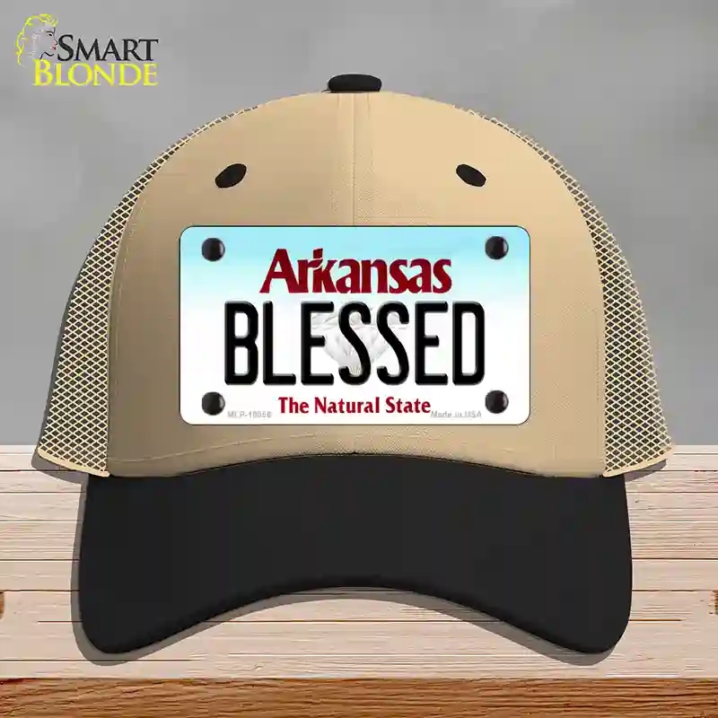 HAT02-MLP-10056 Blessed Arkansas Novelty License Plate Hat, Mesh - Khaki & Black