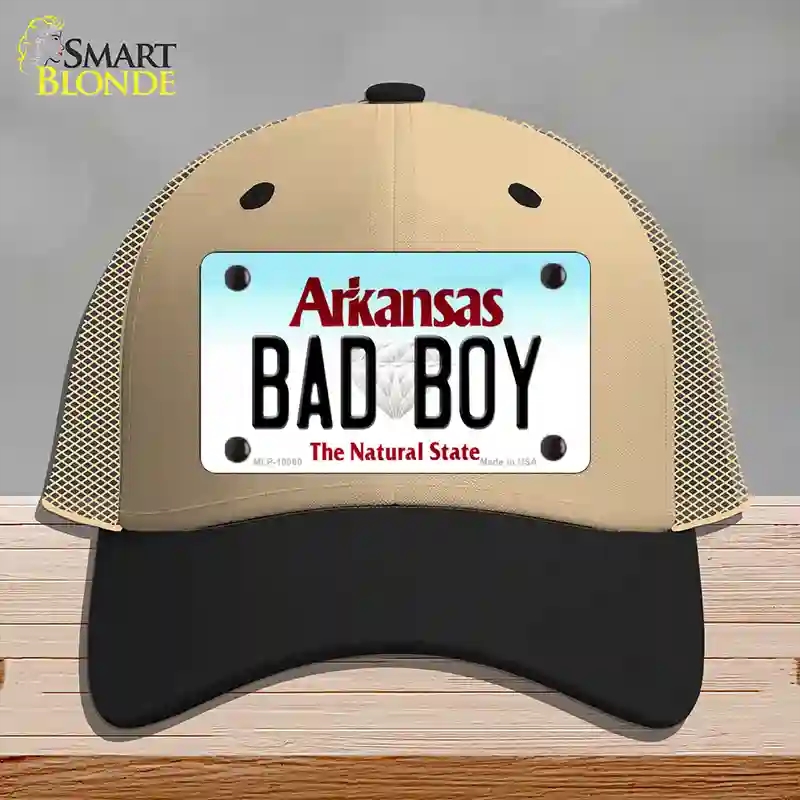 HAT02-MLP-10060 Bad Boy Arkansas Novelty License Plate Hat, Mesh - Khaki & Black