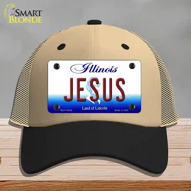 HAT02-MLP-10305 Jesus Illinois Novelty License Plate Hat, Mesh - Khaki & Black