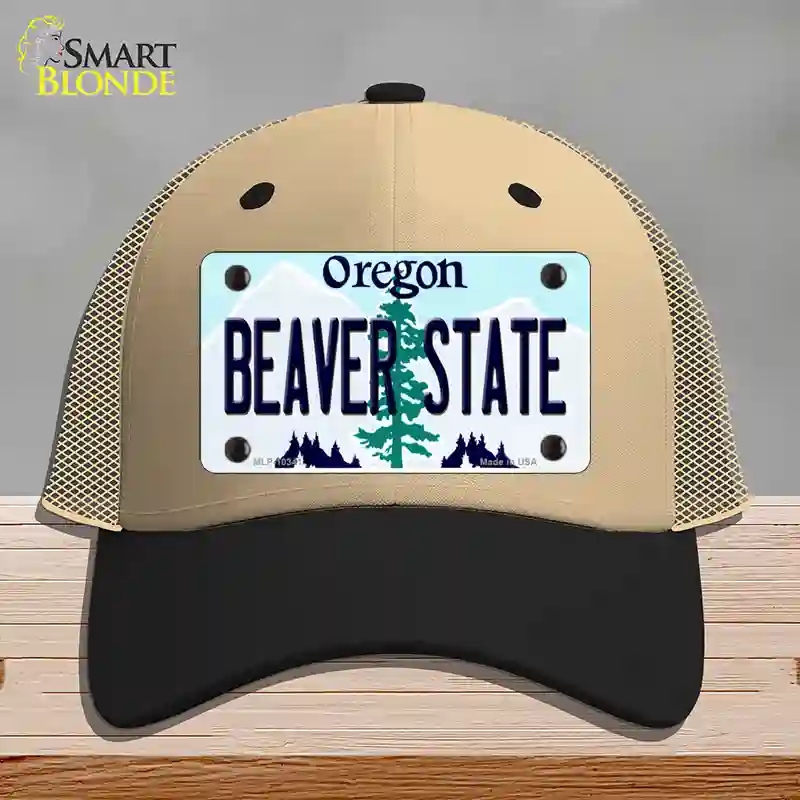 HAT02-MLP-10341 Beaver State Oregon Novelty License Plate Hat, Mesh - Khaki & Black