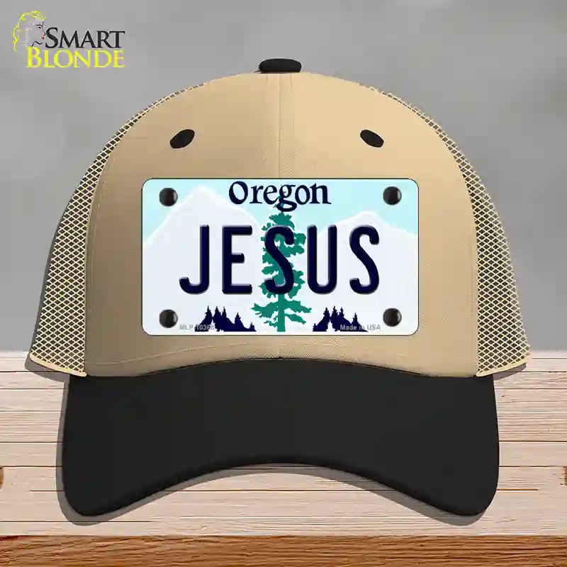 HAT02-MLP-10368 Jesus Oregon Novelty License Plate Hat, Mesh - Khaki & Black