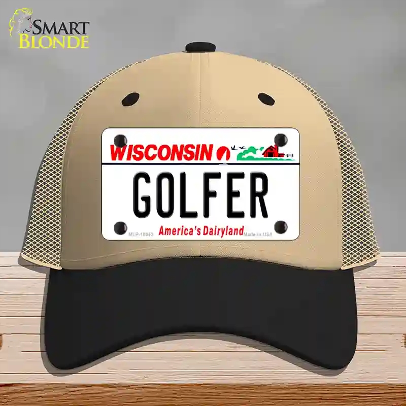 HAT02-MLP-10643 Golfer Wisconsin Novelty License Plate Hat, Mesh - Khaki & Black