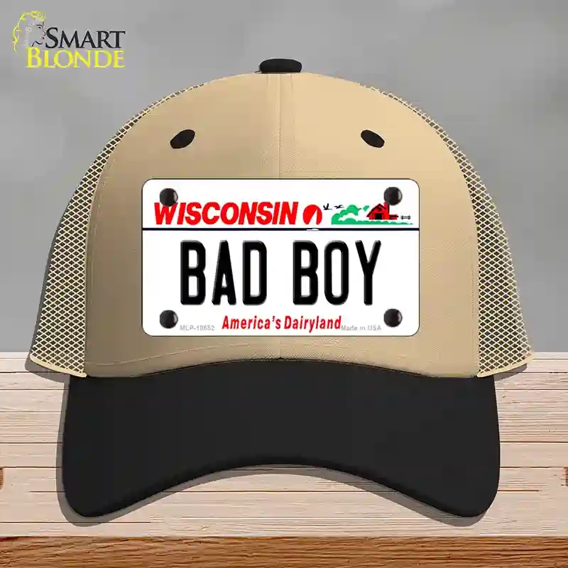 HAT02-MLP-10652 Bad Boy Wisconsin Novelty License Plate Hat, Mesh - Khaki & Black