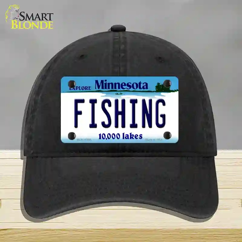 HAT07-MLP-11065 Fishing Minnesota State Novelty License Plate Hat, Unconstructed Cotton - Black