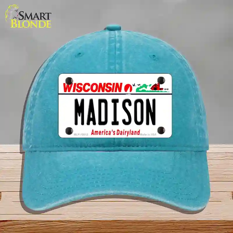 HAT10-MLP-10612 Madison Wisconsin Novelty License Plate Hat, Unconstructed Cotton - Lake Blue
